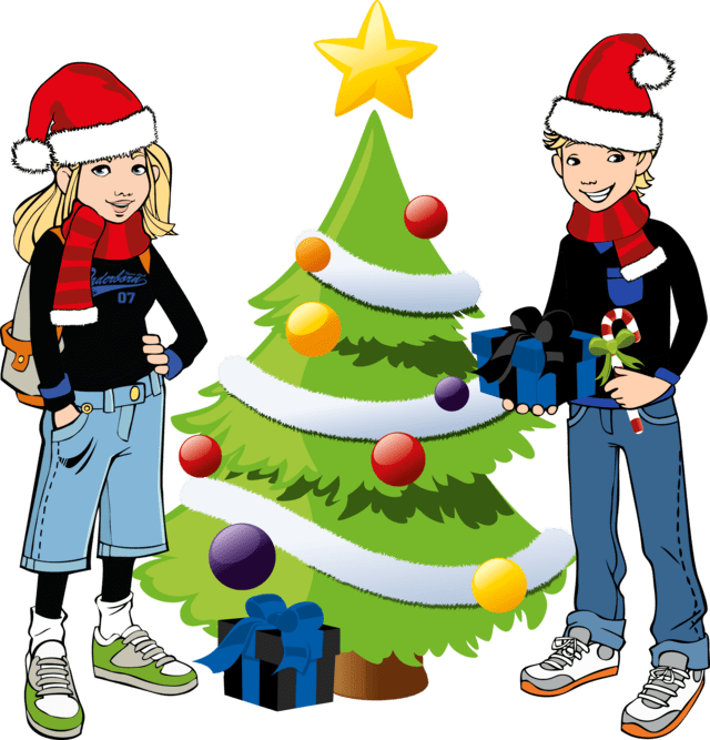 Grafik von einem Tannenbaum und zwei weihnachtlichen Kindern