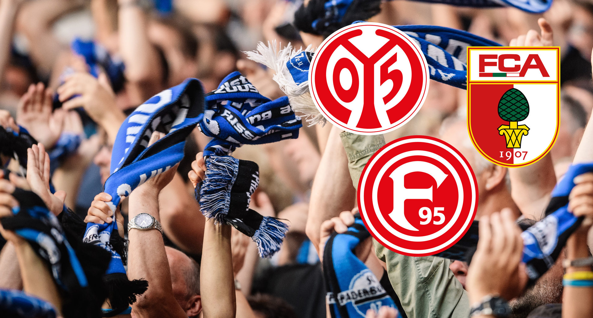 Fans auf der Südtribüne, Logos 1. FSV Mainz 05, Fortuna Düsseldorf, FC Augsburg