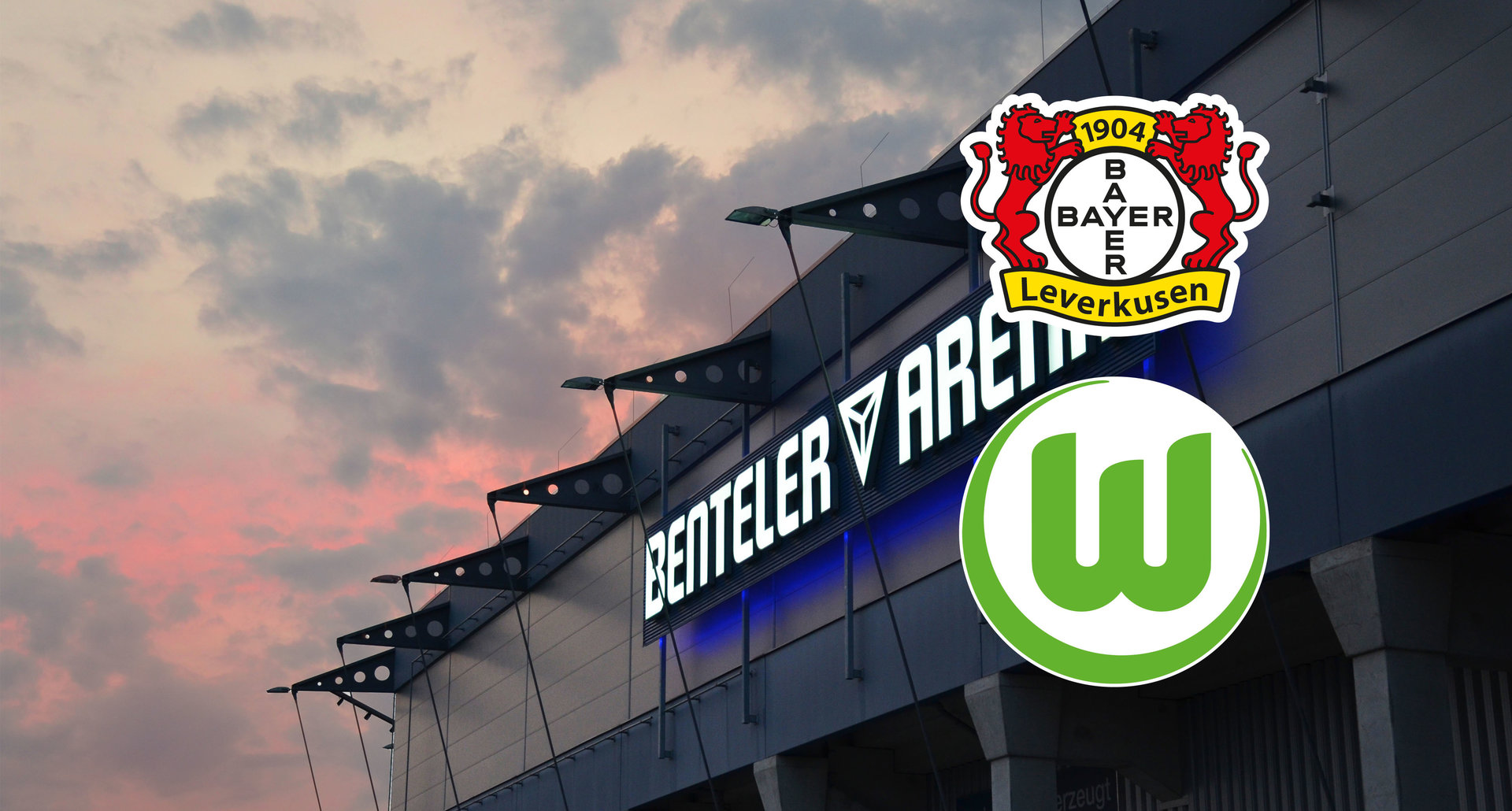 Fassade Benteler-Arena, Logos Bayer 04 Leverkusen + VfL Wolfsburg